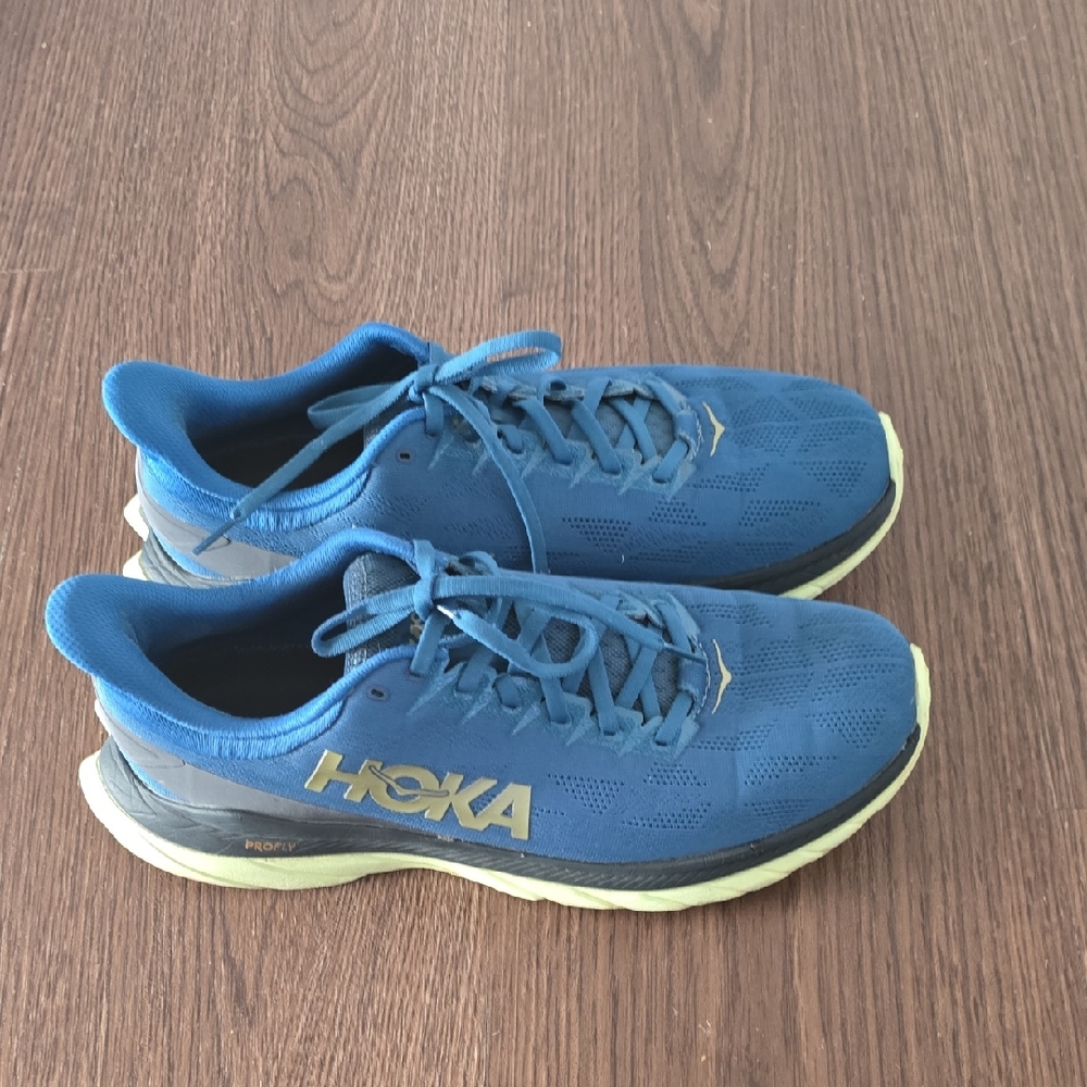 Hoka One One Match 4 Mens Blue and Lime Running Shoes 11.5